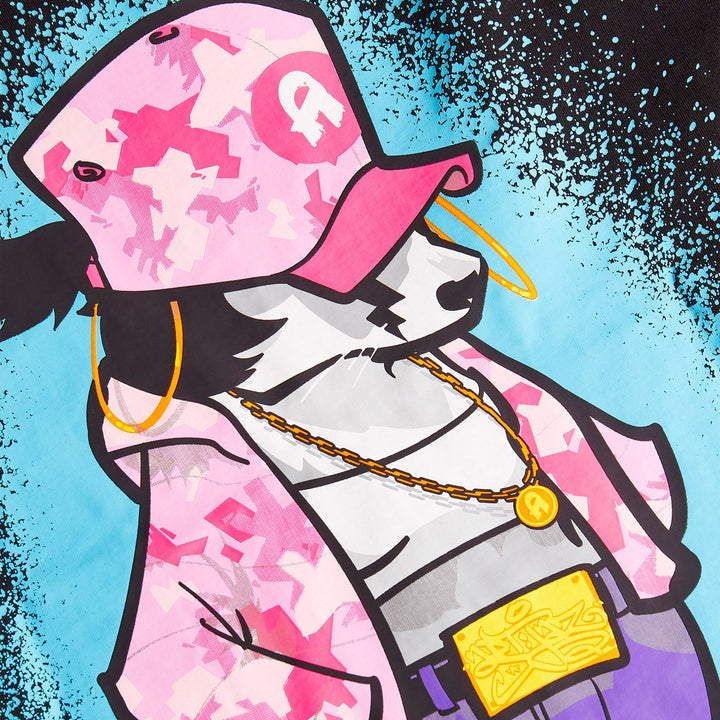 Cartoon character wearing a pink camouflage hat and coat with a blue background