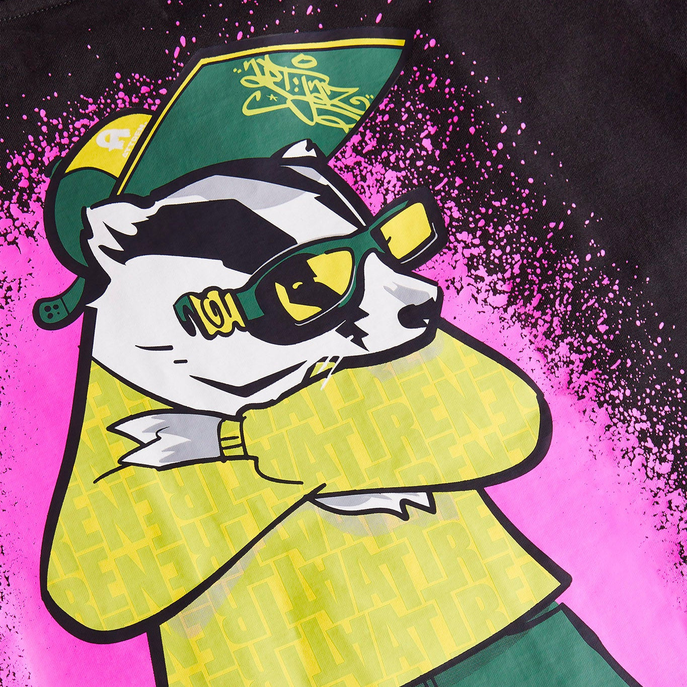 Cartoon BADGER character with sunglasses and a green hat on a pink and black background